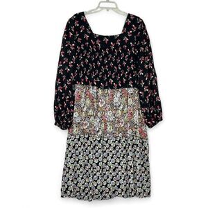 Vicky Tiel Tiered Mixed Floral Print Smocked Dress Sz 3X  Boho Cottage Prairie